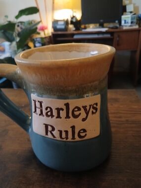 Harleys Rule Stoneware Mug — Blue with Brown Accent